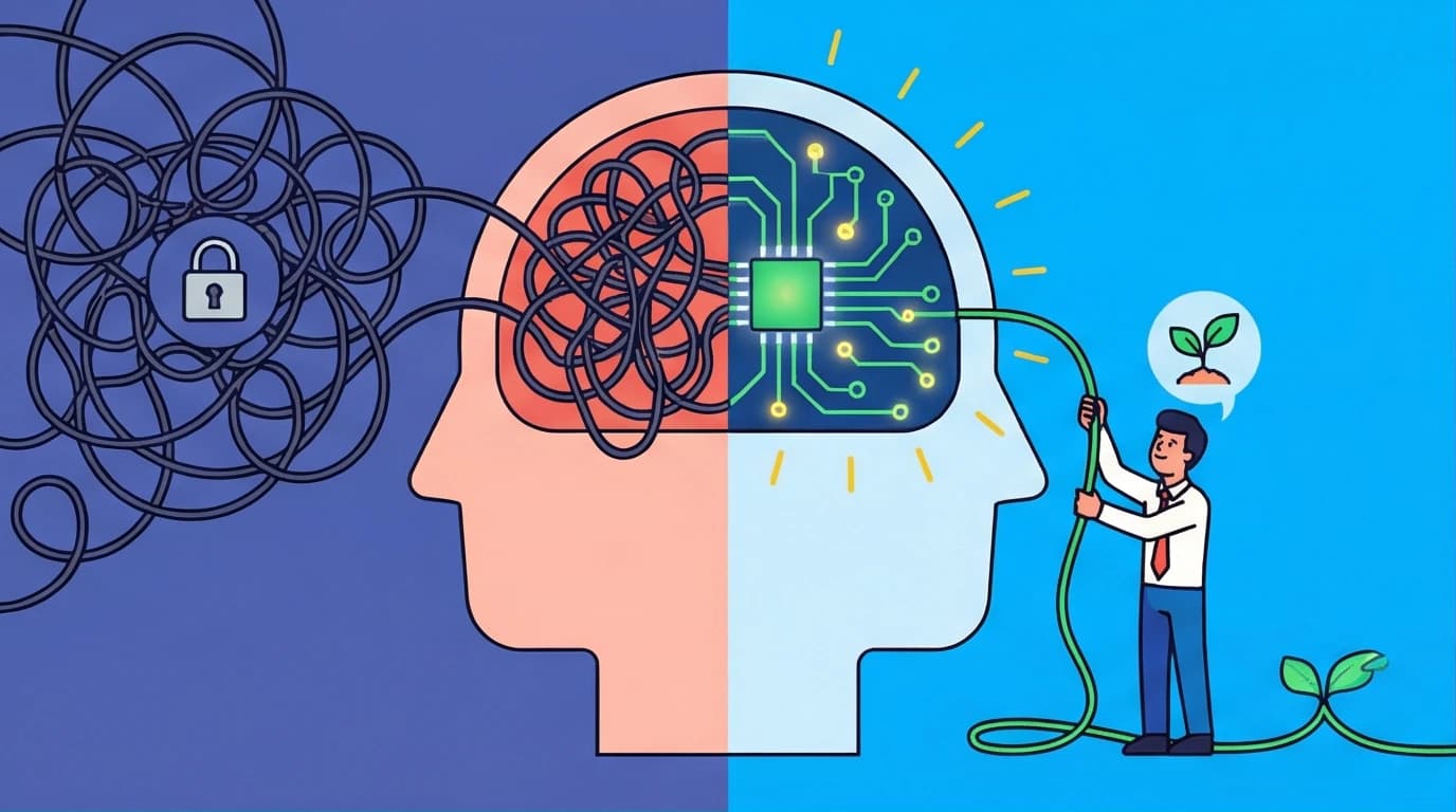 An illustration showing a brain being rewired from a tangled 'fixed mindset' to an organized 'growth mindset,' symbolizing how to overcome fear of failure.