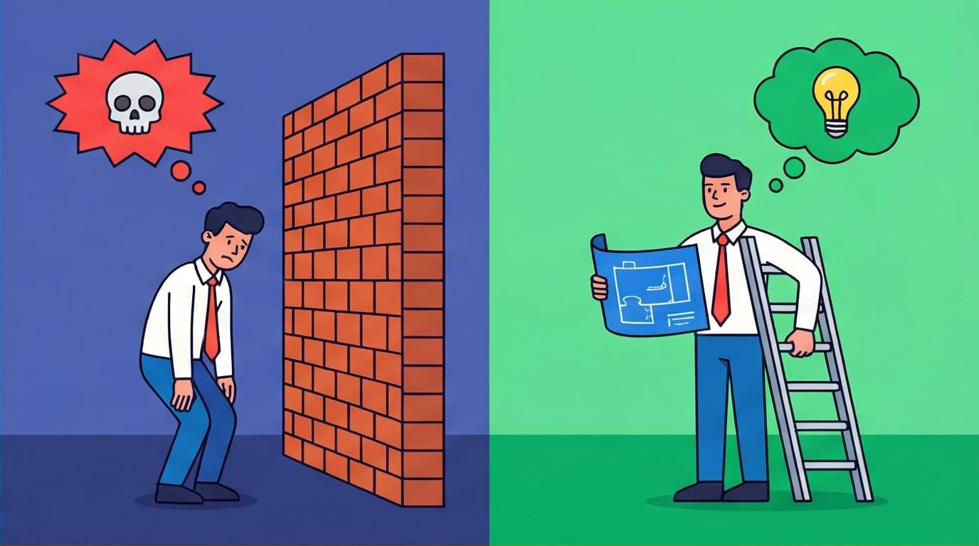 A visual comparison of a fixed mindset fearing a challenge versus a growth mindset creating a strategy, illustrating the core mental shift needed to overcome perfectionism.