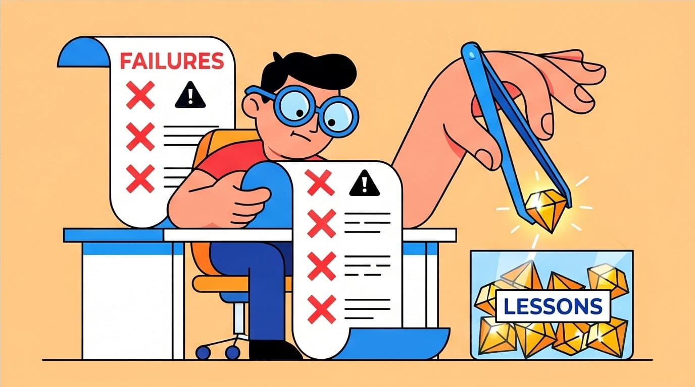 The Failure Resume activity, showing a person extracting valuable data gems from past failures to develop a stronger growth mindset.