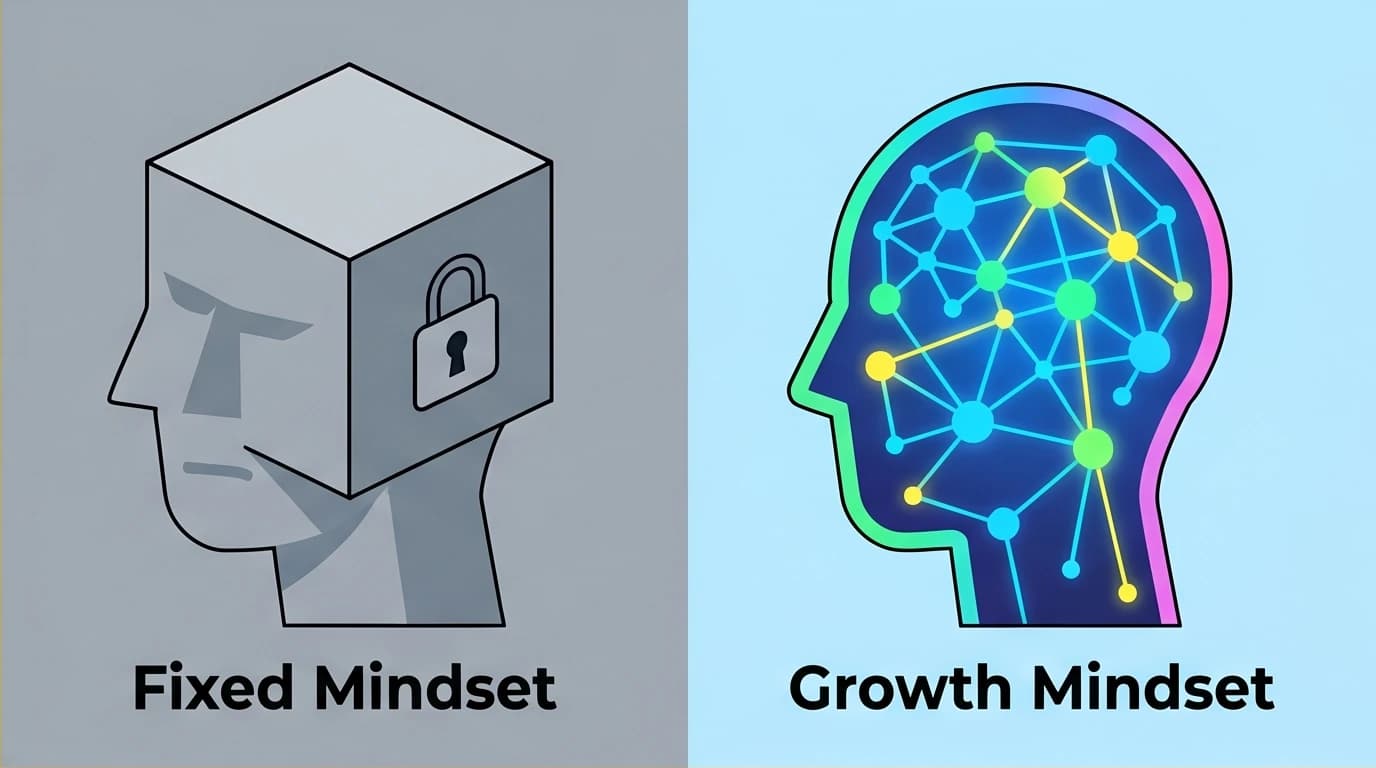 A visual comparison between a rigid, locked 'Fixed Mindset' brain and a dynamic, connected 'Growth Mindset' brain, highlighting neuroplasticity.