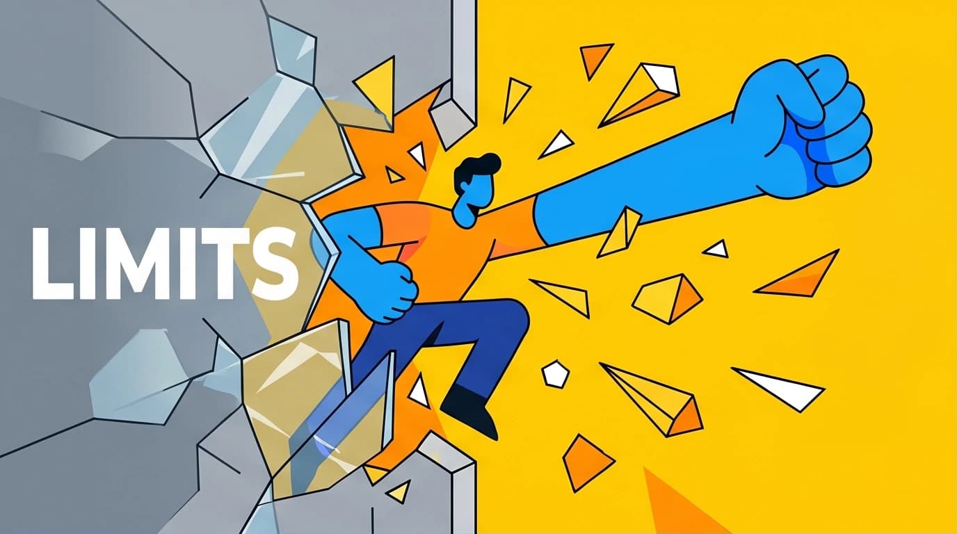 An illustration of a person shattering a wall labeled 'LIMITS,' symbolizing how to develop a growth mindset and break past plateaus.