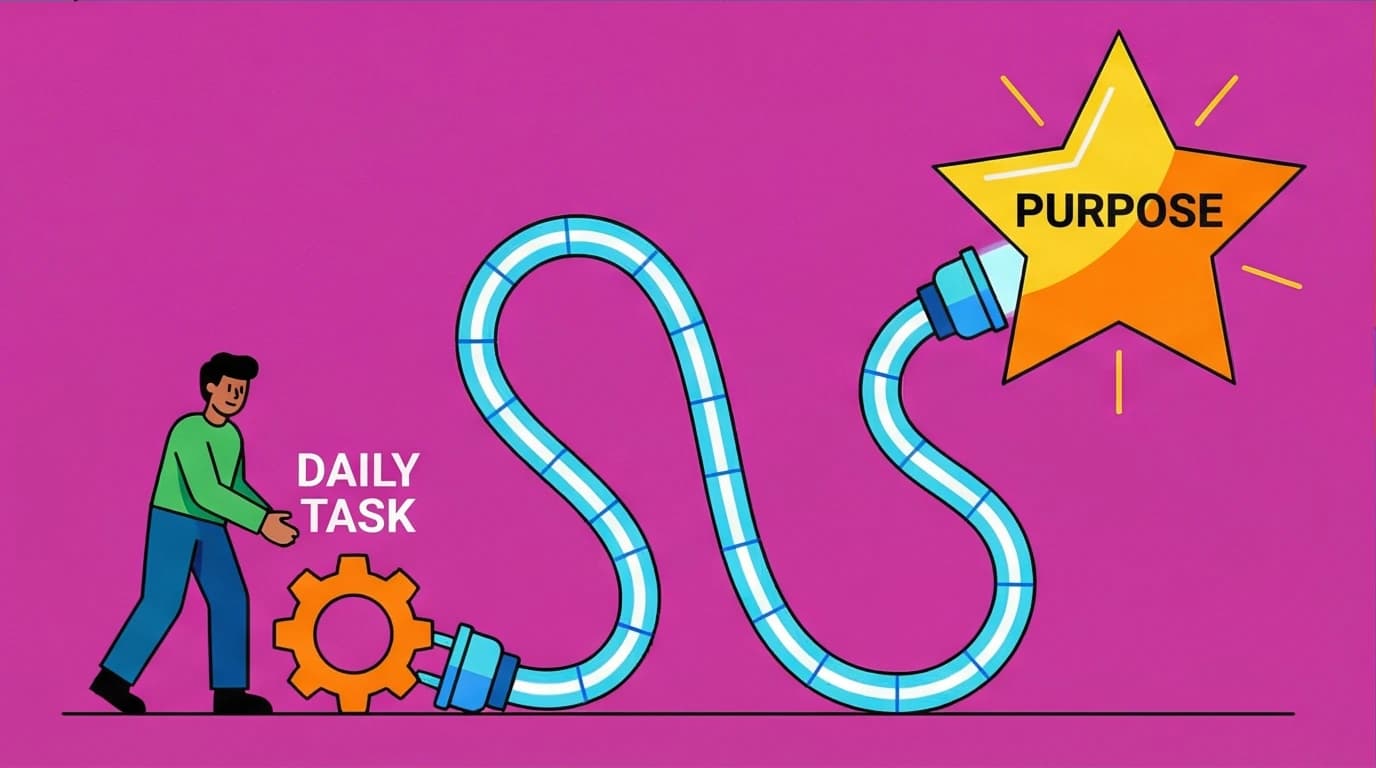 A key step to develop grit: a person connecting a small daily task to a huge, high-level purpose, visualized as a shining star.