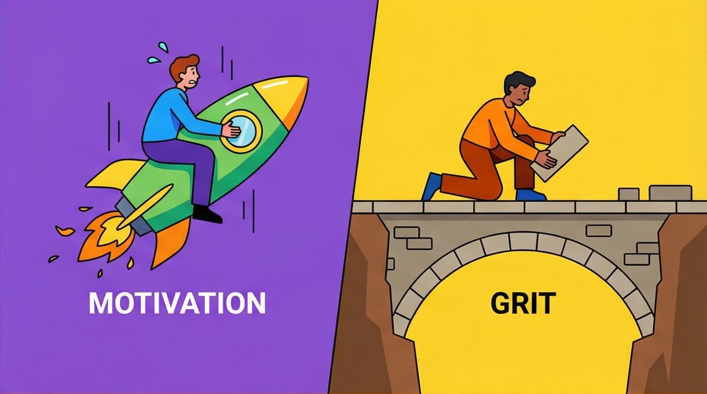 A visual contrast between fleeting motivation (a falling rocket) and the steady, reliable system of grit (a strong bridge).