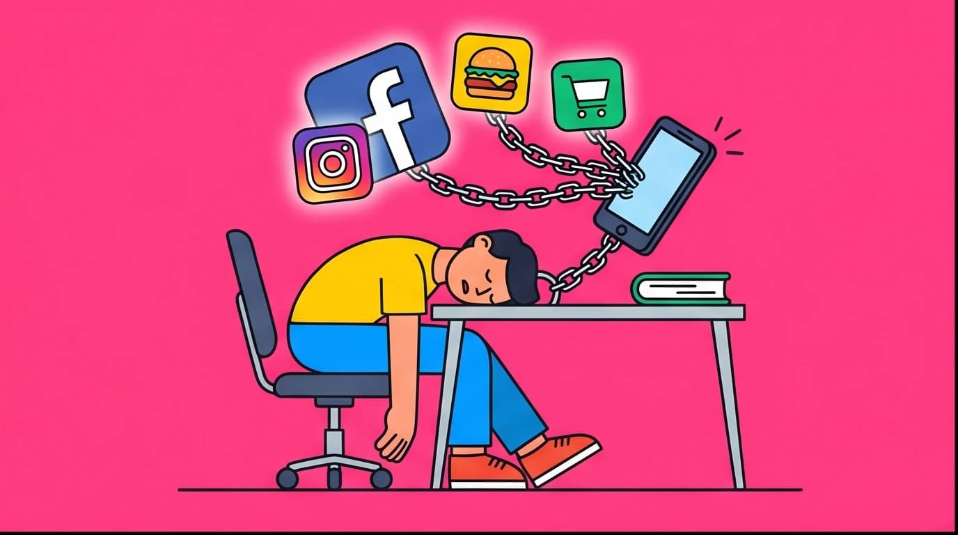 An illustration showing a person overwhelmed by digital distractions, highlighting the need for a dopamine detox to regain focus.