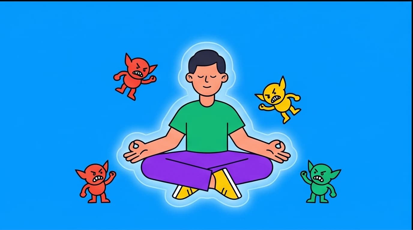 A person meditates while ignoring screaming 'pain gremlins,' illustrating the mindfulness step of overcoming withdrawal during a dopamine fast.