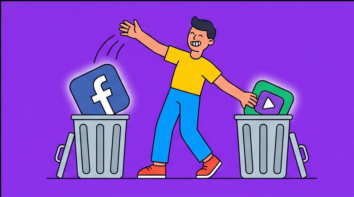 Illustration of the 'swap trap' pitfall, where a person replaces one digital addiction with another instead of truly doing a dopamine detox.