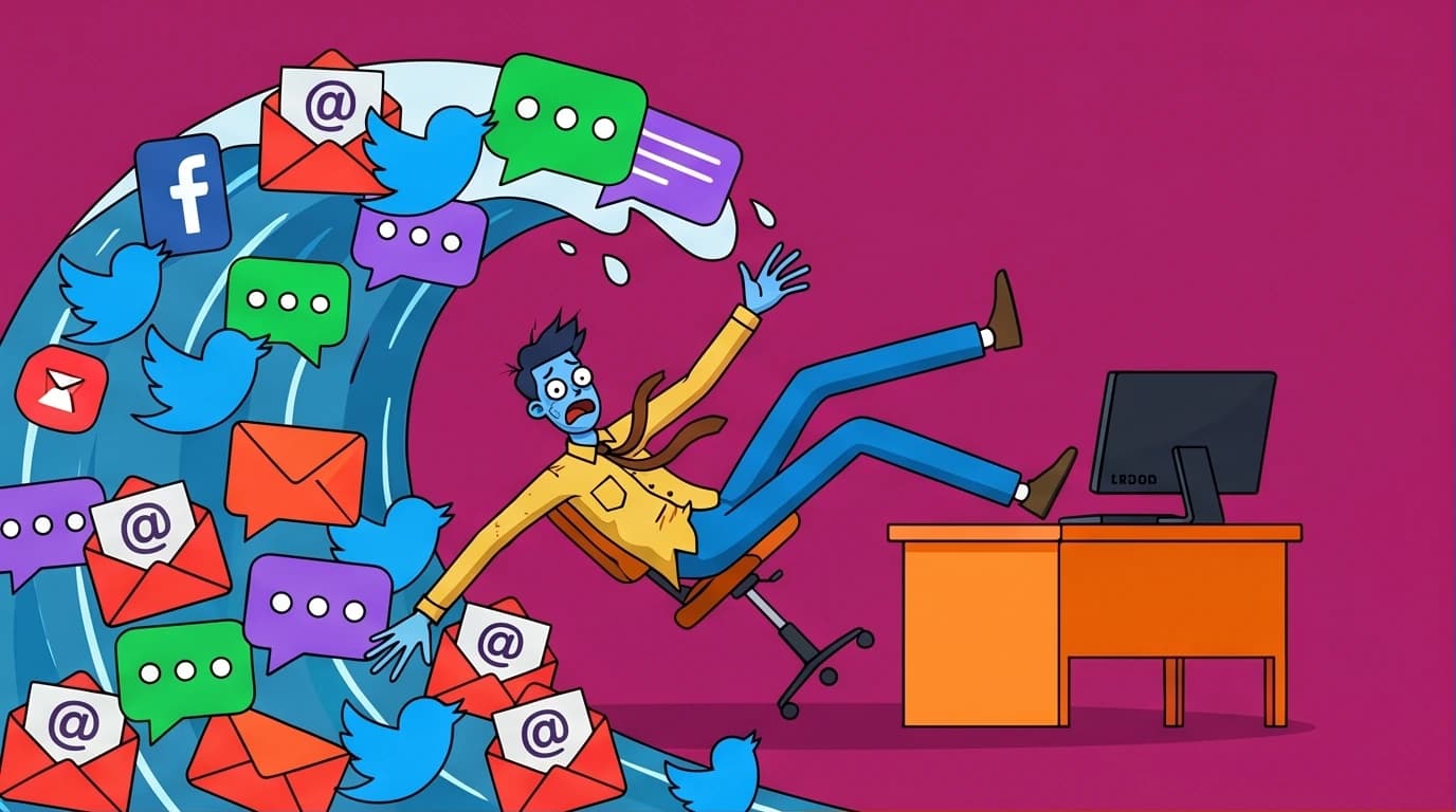 An illustration showing a person being overwhelmed by digital distractions, a core problem solved by learning how to do deep work for focus.