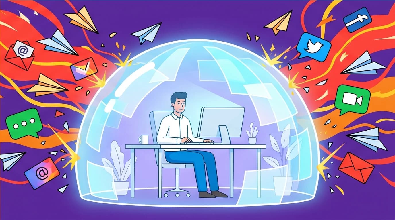 A person protecting their focus to do deep work inside a shield that deflects all digital distractions like notifications and emails.
