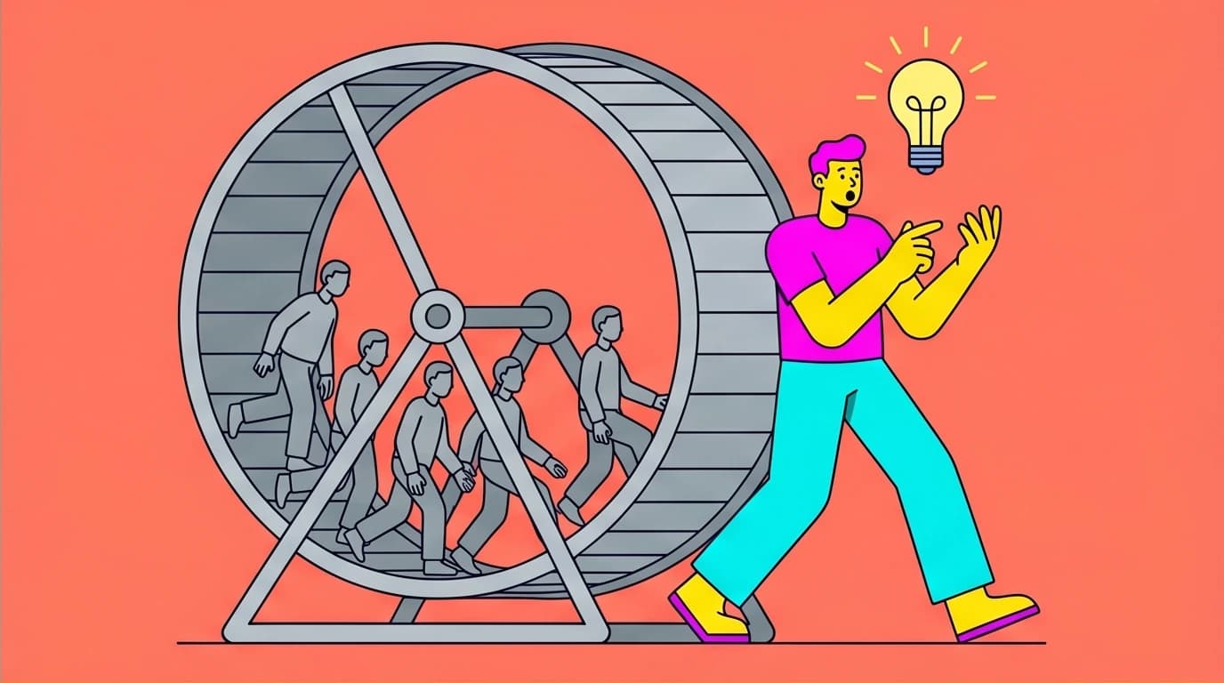 A person steps off a hamster wheel of mindless behavior, symbolizing the conscious awakening phase in the How to Do the Work summary.