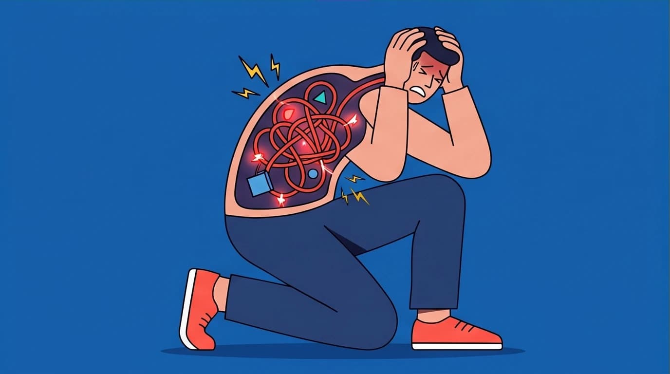 A visual metaphor of a dysregulated nervous system as tangled wires, illustrating how childhood trauma is stored physically.