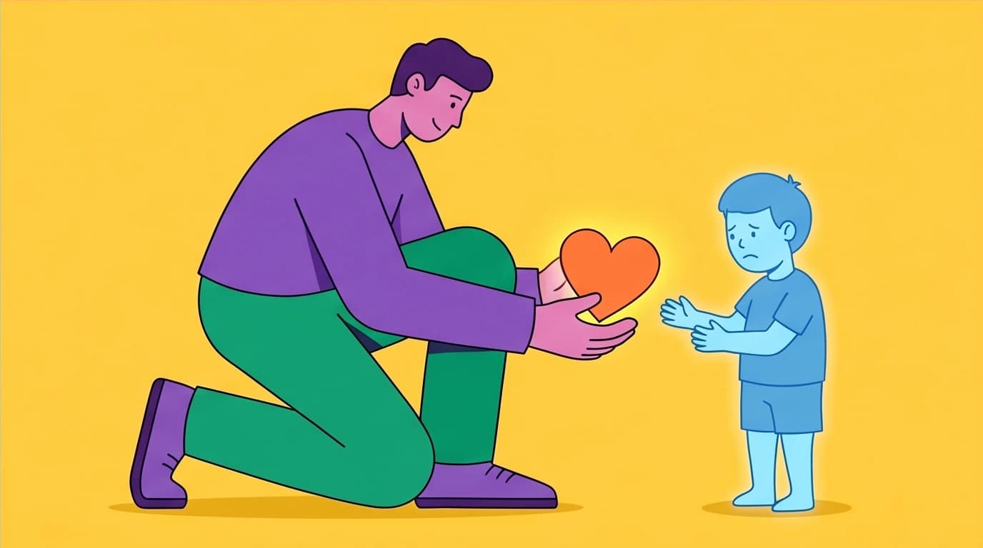 An adult figure gives a glowing heart to their inner child, a concept from How to Do the Work about reparenting and healing.