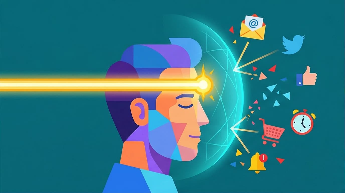 An illustration of a person entering a flow state by blocking out digital distractions to achieve deep focus and productivity.