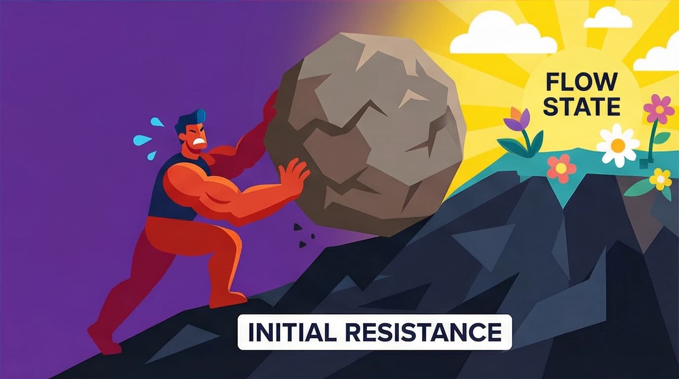 Illustration of pushing through the initial 15-minute struggle phase to overcome resistance and achieve a deep work flow state.