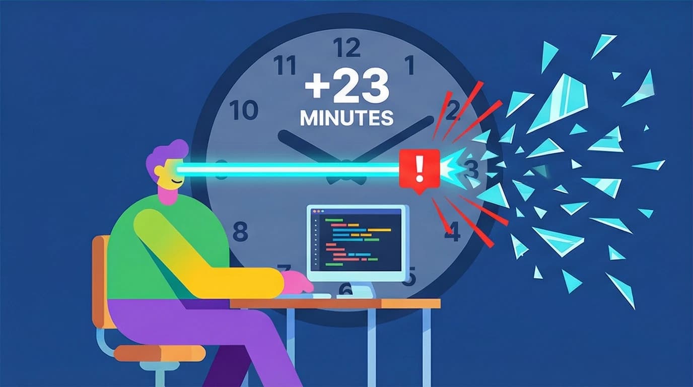 A visual of the 'switching penalty' where a single distraction shatters a person's concentration, a key roadblock to flow state.