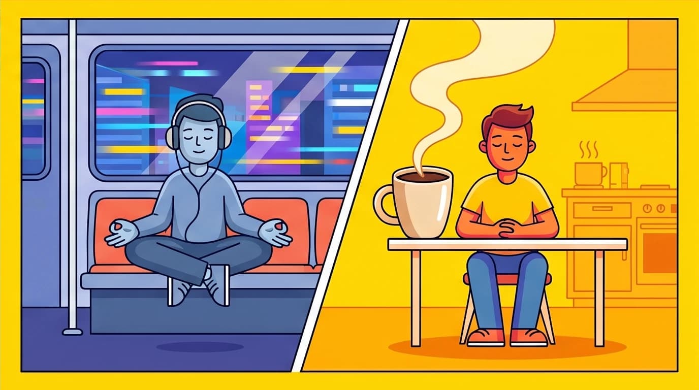 A person building a 5-minute daily meditation habit by practicing on their commute and with morning coffee, showing how to start a routine.