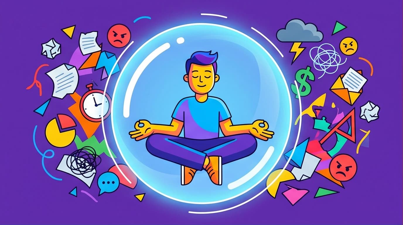 An illustration of a person finding calm and focus through meditation for beginners, surrounded by chaotic thoughts, learning how to meditate.