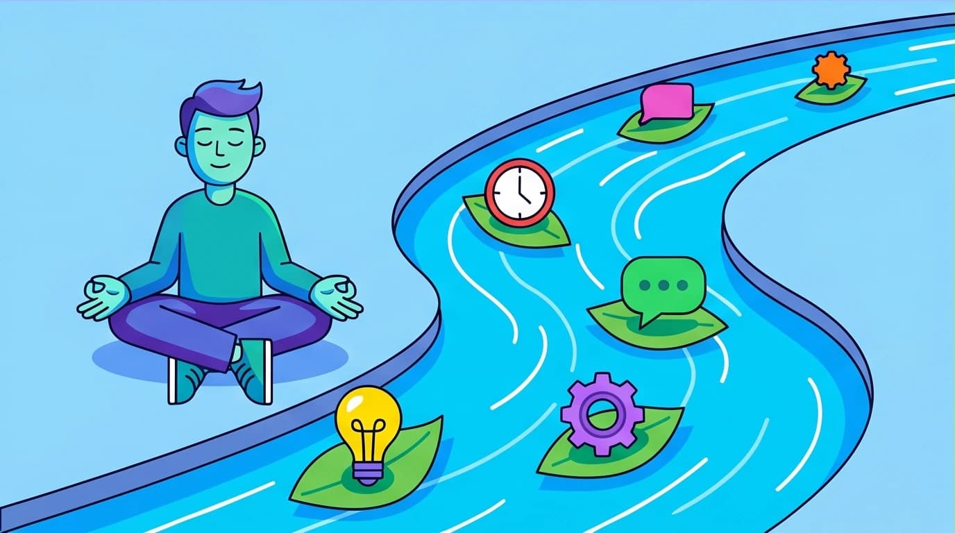 A step-by-step guide to handling distractions in meditation: a person watches thoughts float away like leaves on a river, learning to let go.