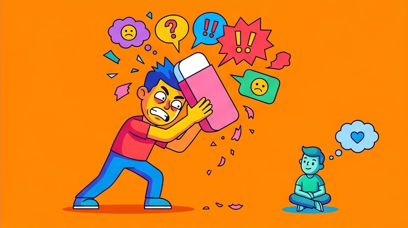 A visual explaining a common meditation myth: trying to erase thoughts versus mindfully observing them, a key step for beginners in mindfulness.
