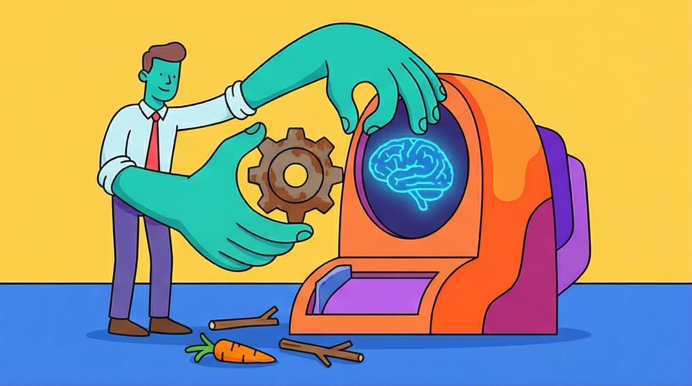 A leader replaces old gears with a glowing brain, illustrating Daniel Pink's framework for how to motivate employees beyond rewards.