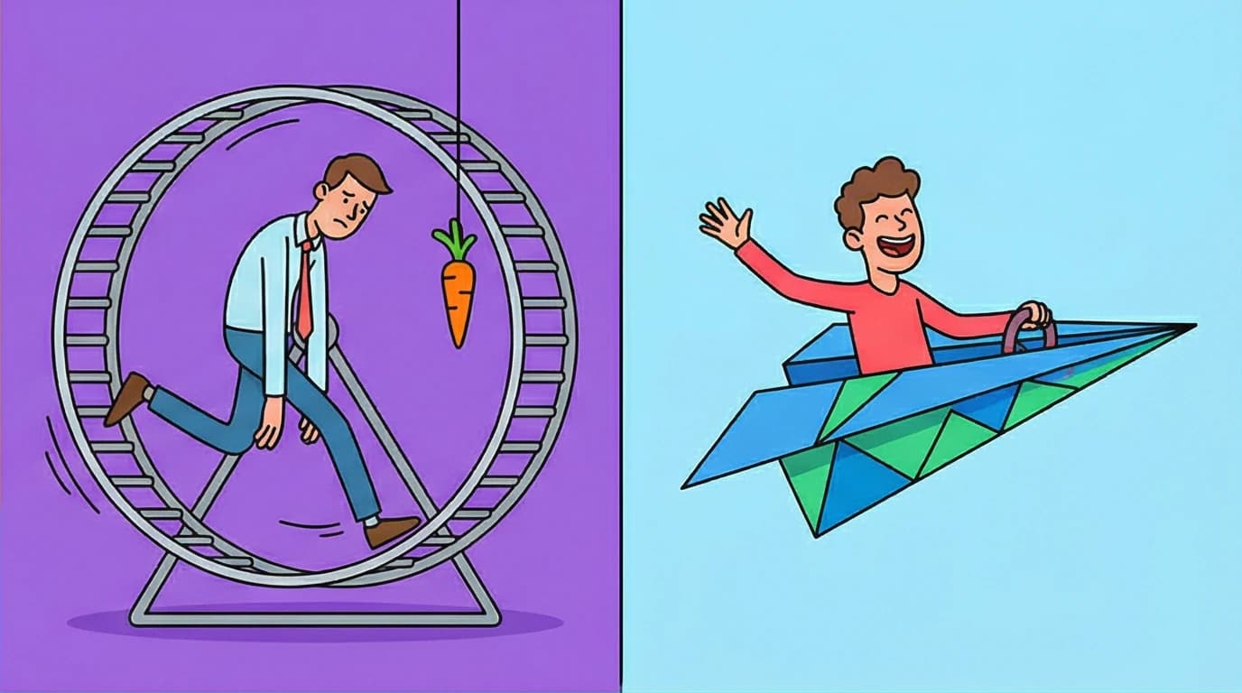A visual contrast between old and new ways to motivate employees: a worker on a hamster wheel versus an empowered one with autonomy.