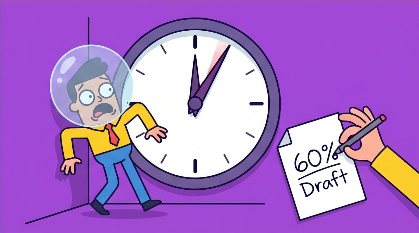 A character facing a last-minute deadline, illustrating how to stop procrastinating under pressure by focusing on a 'good enough' draft.