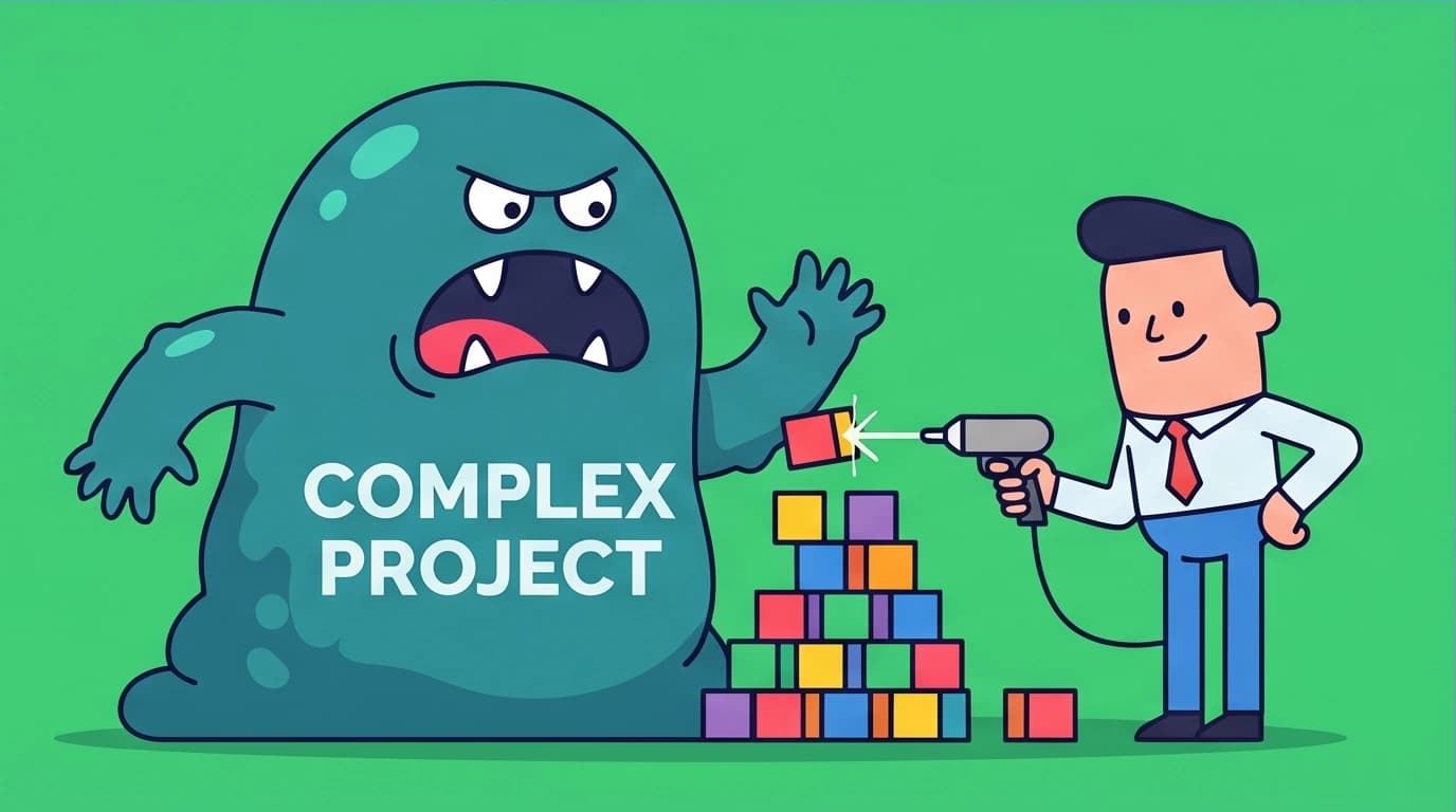Illustration of breaking down a large, intimidating project into small, manageable blocks, a practical method to improve procrastination habits.