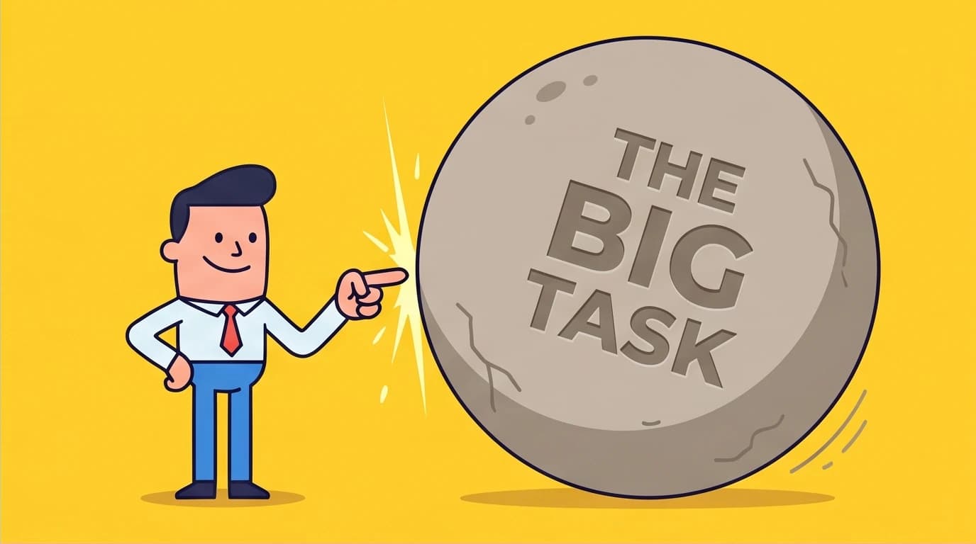A person easily starting a huge task using the two-minute rule, one of the key methods to overcome procrastination by lowering the barrier to action.