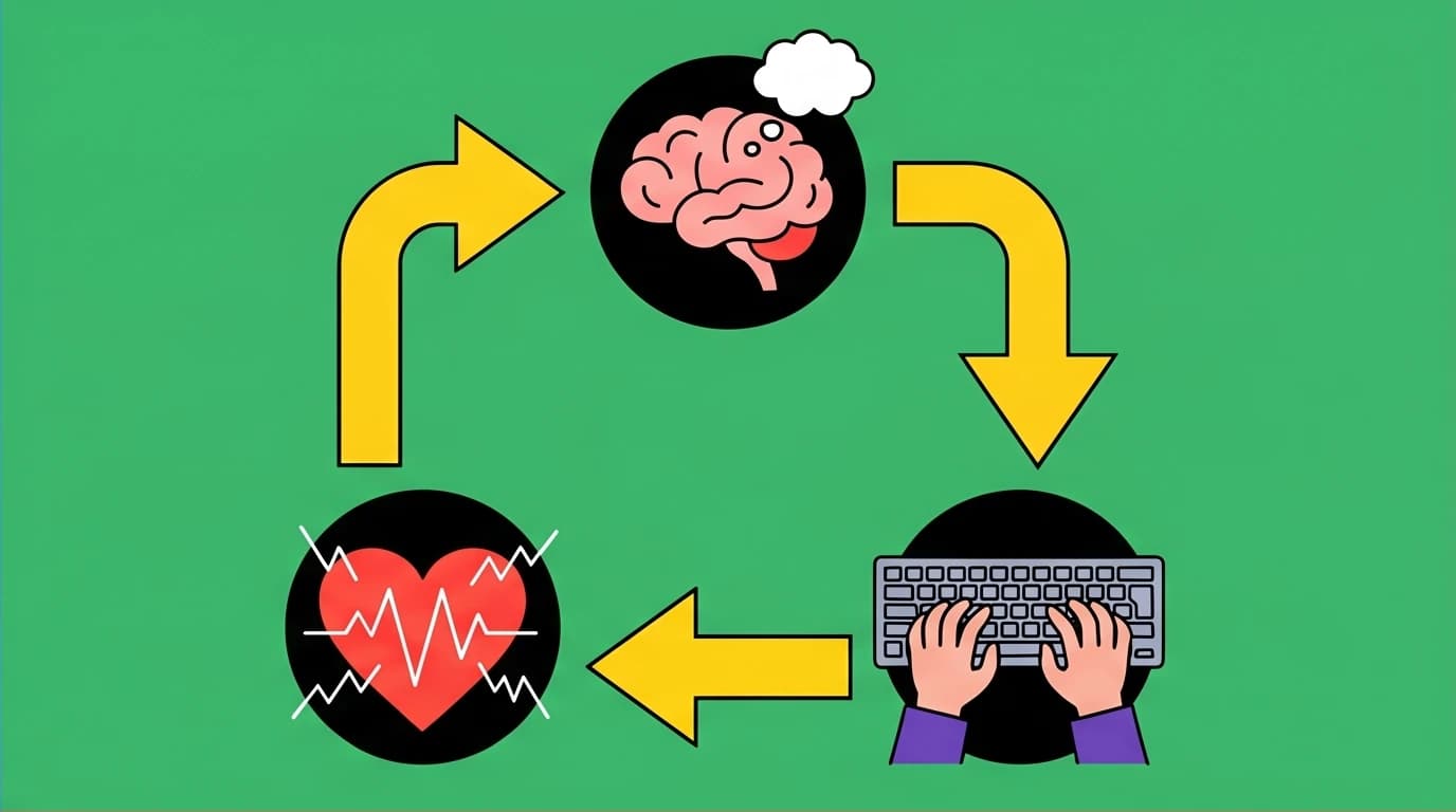 A diagram illustrating the core CBT principle where thoughts, feelings, and behaviors are connected in a continuous cycle, a key concept for managing everyday stress.