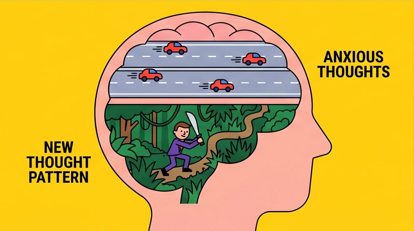 A conceptual illustration showing the brain's negative thought patterns as a highway and using CBT to build a new path, representing changing habits for anxiety.