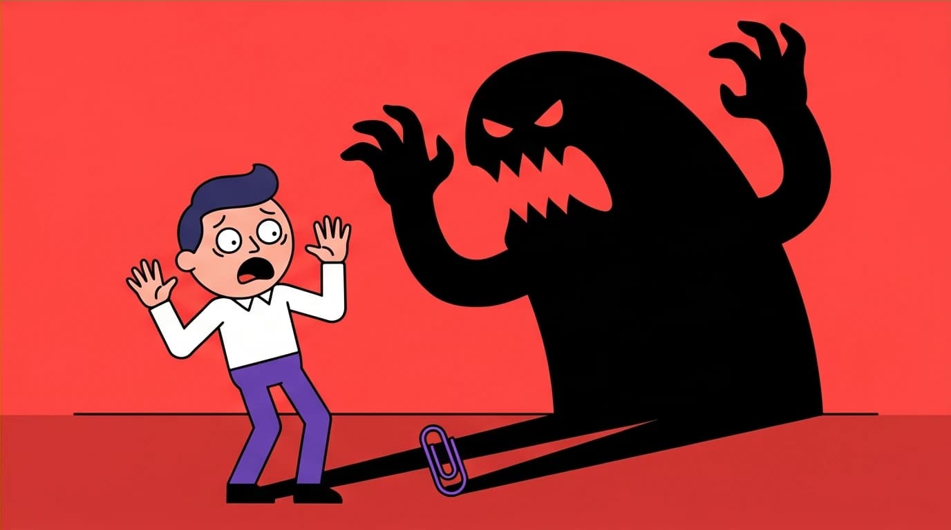 An image depicting the cognitive distortion of catastrophizing, where a person sees a tiny problem casting a monstrous shadow, a common target of CBT for anxiety.
