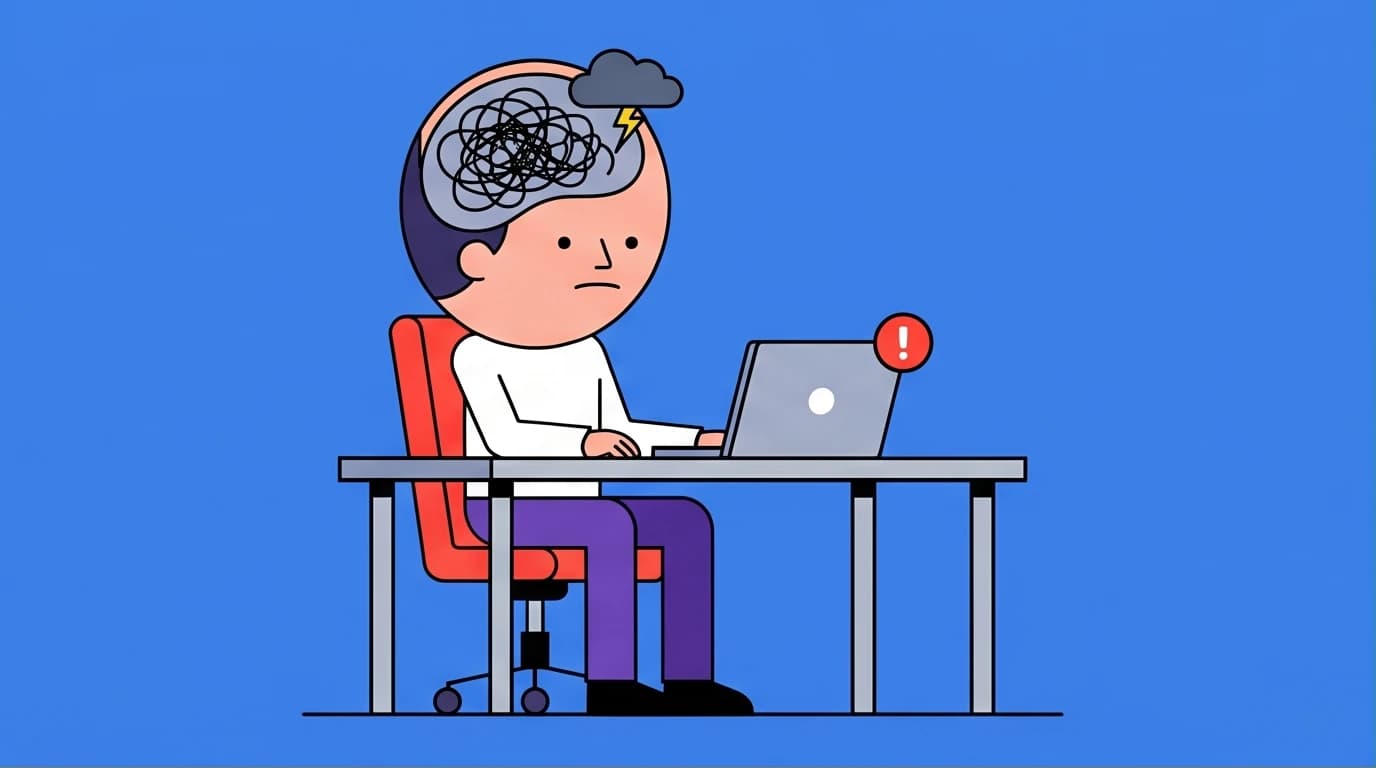 An illustration of a person having an anxiety spiral, with chaotic thoughts in their head, triggered by a computer notification, representing the need for daily CBT for anxiety.