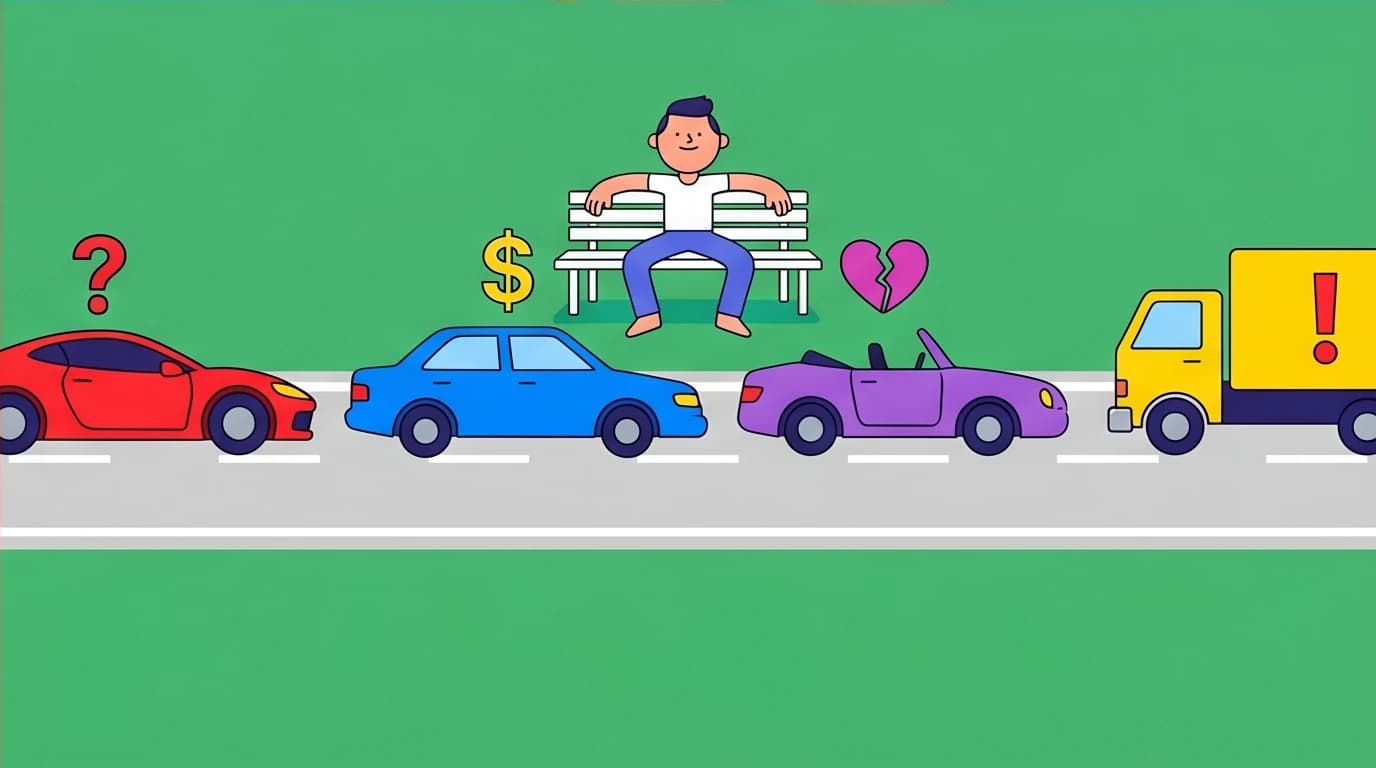 A person calmly observes thoughts passing by like cars, a metaphor for overcoming beginner mistakes when you practice mindfulness.