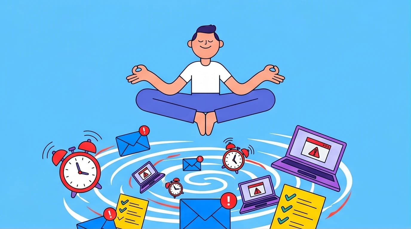 An illustration of a person practicing mindfulness, floating calmly above a chaotic swirl of work and life icons, for our guide for busy beginners.