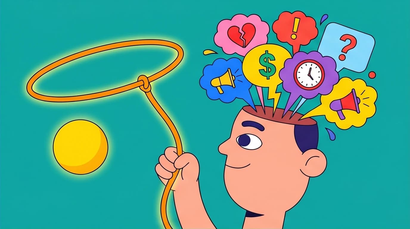 A character tames a chaotic mind by pulling focus back to the present moment, illustrating a key concept of what mindfulness practice is.