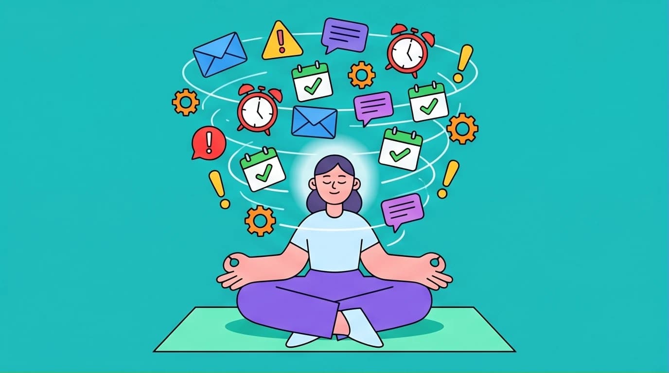 An illustration of a person practicing mindfulness meditation to quiet a busy mind, with a storm of work icons swirling around their calm head.