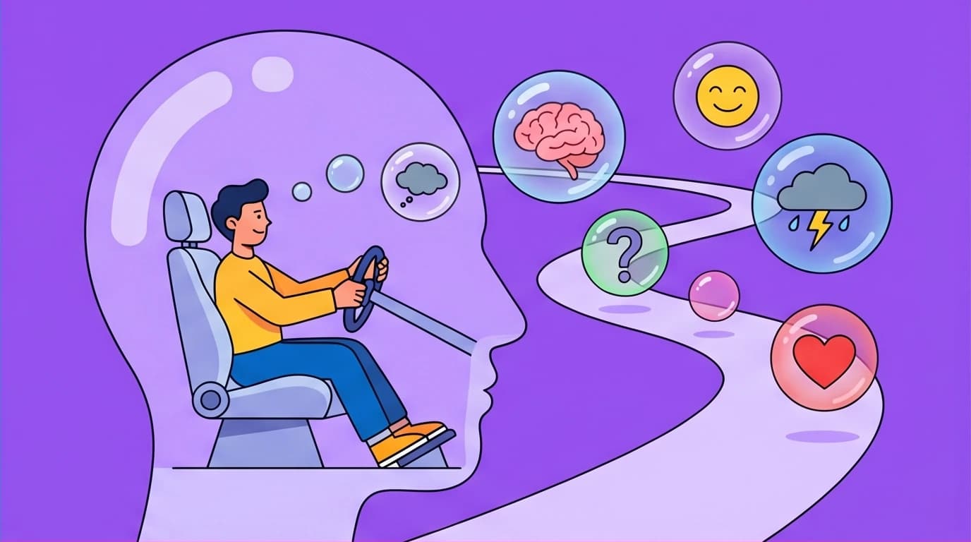 A person in the driver's seat of their own mind, observing thoughts as they pass, a key concept in how to practice mindfulness meditation.