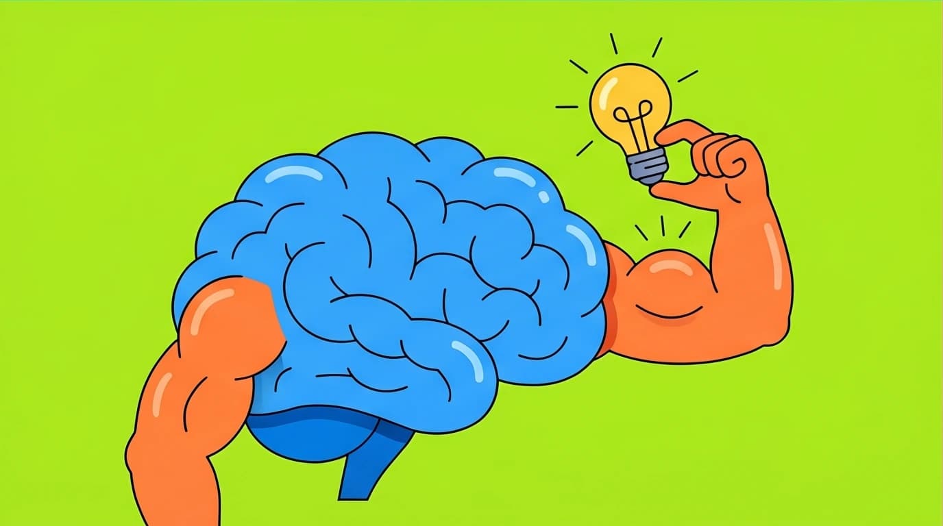 An illustration of a brain doing a bicep curl to show how returning your focus during mindfulness meditation strengthens your mind.