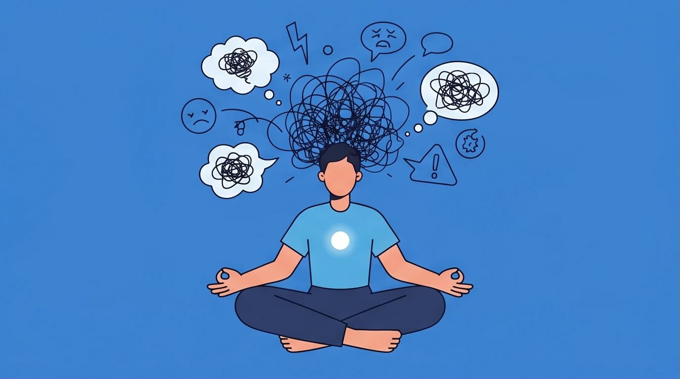 Illustration of a person with a chaotic mind trying to practice The Power of Now to stop overthinking and find inner peace.