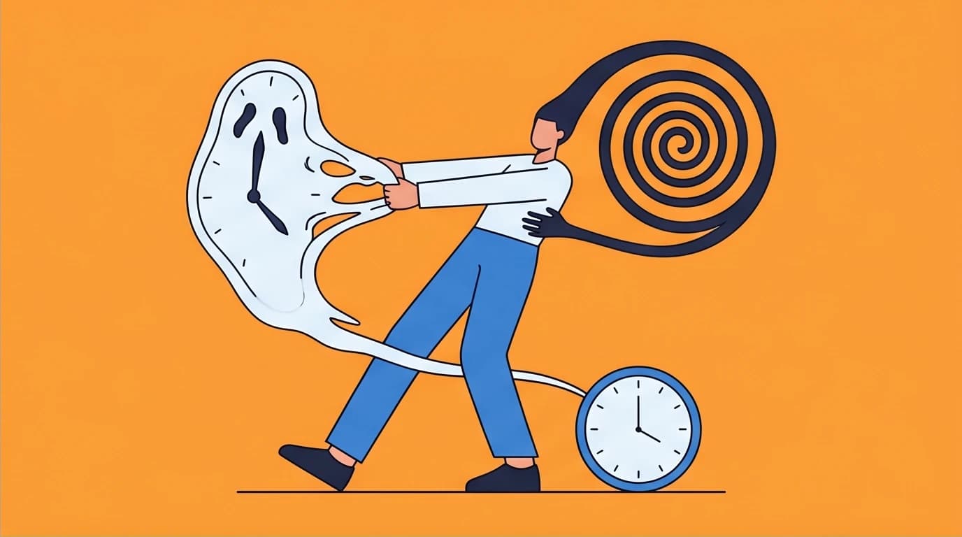 A person torn between past regrets and future anxiety, illustrating the concept of psychological time from Eckhart Tolle's teachings.