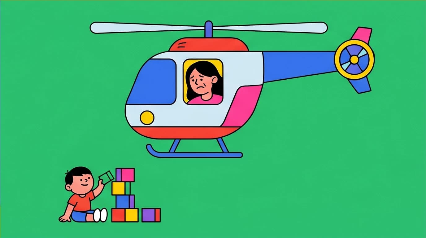 A large helicopter with a parent's face hovers over a small child, showing the trap of helicopter parenting and its negative effect on raising successful children.