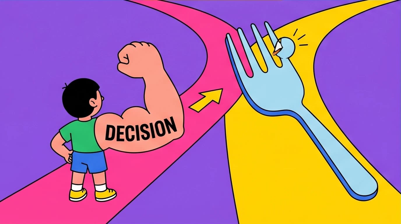 A child flexing a 'decision muscle' at a fork in the road, a visual metaphor for raising a leader by forcing meaningful choices early in their development.
