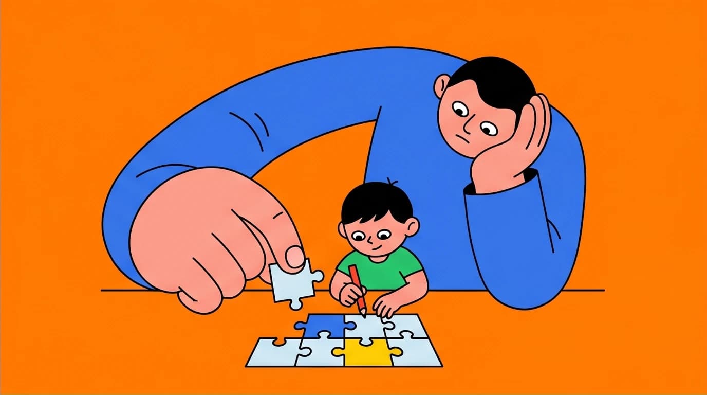 A parent stops themselves from fixing a puzzle, illustrating the evidence-based parenting tip of not solving a child's problems to build their resilience.
