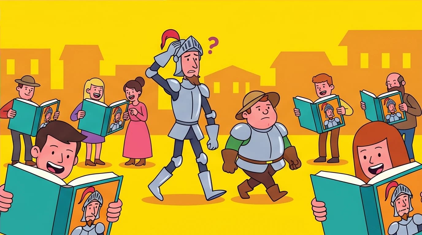 An illustration showing the meta-fiction concept of Don Quixote Part 1 vs Part 2, where the characters become famous inside their own story.