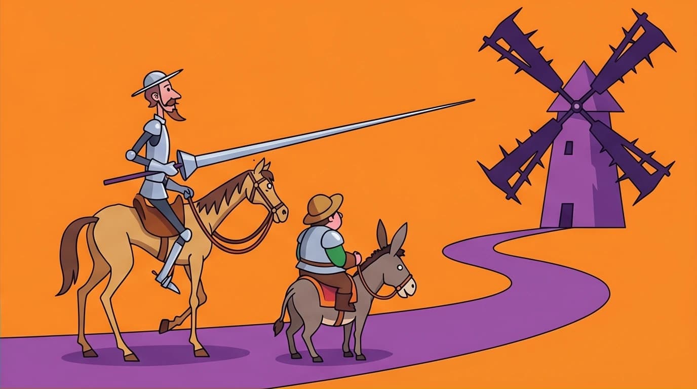 A cartoon of Don Quixote and Sancho Panza on their road trip, illustrating the core concept for readers wondering if Don Quixote is hard to read.