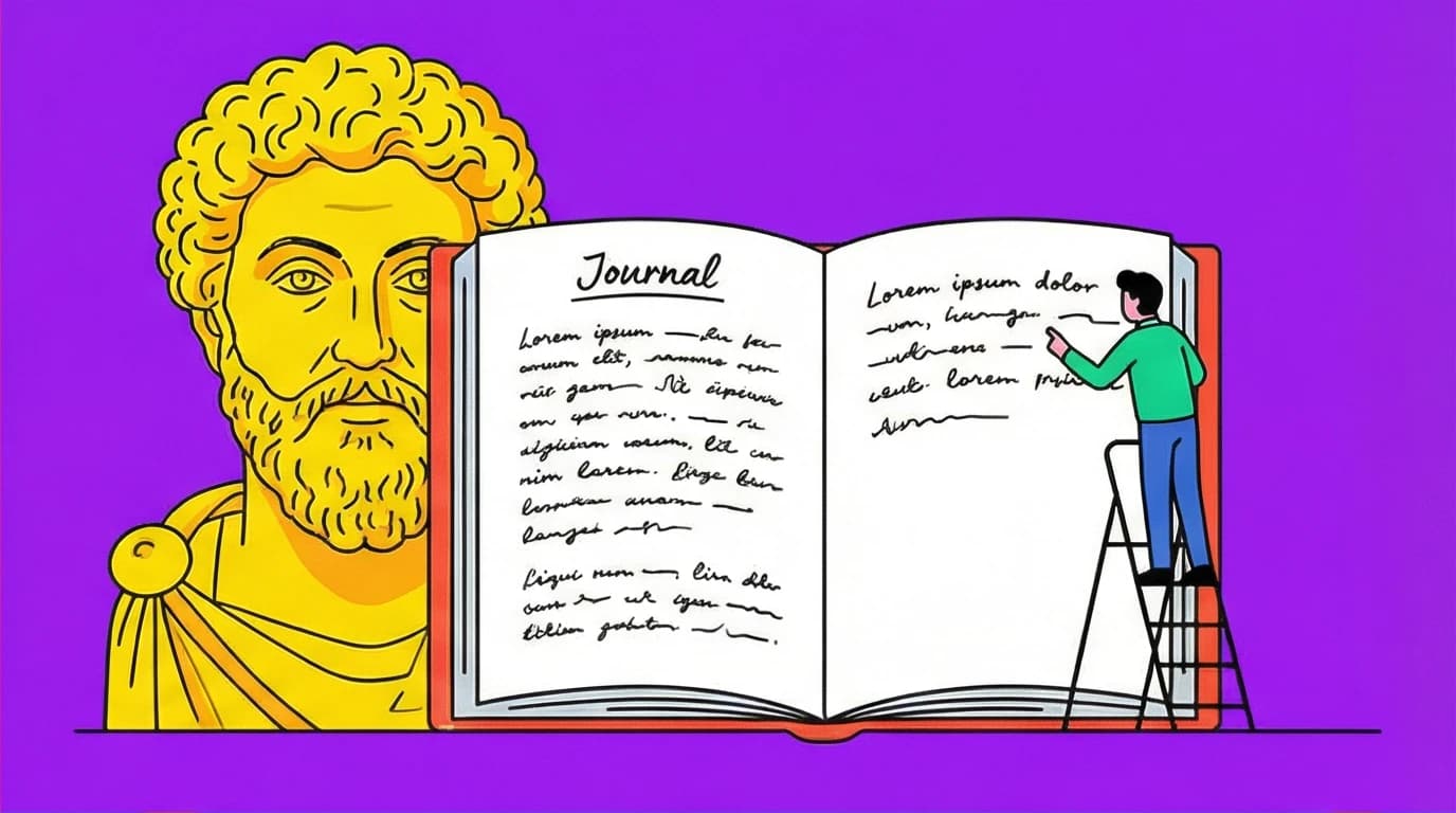 A character peeking into a giant journal of Marcus Aurelius, illustrating the secret that Meditations is a private diary, a key concept for beginners.