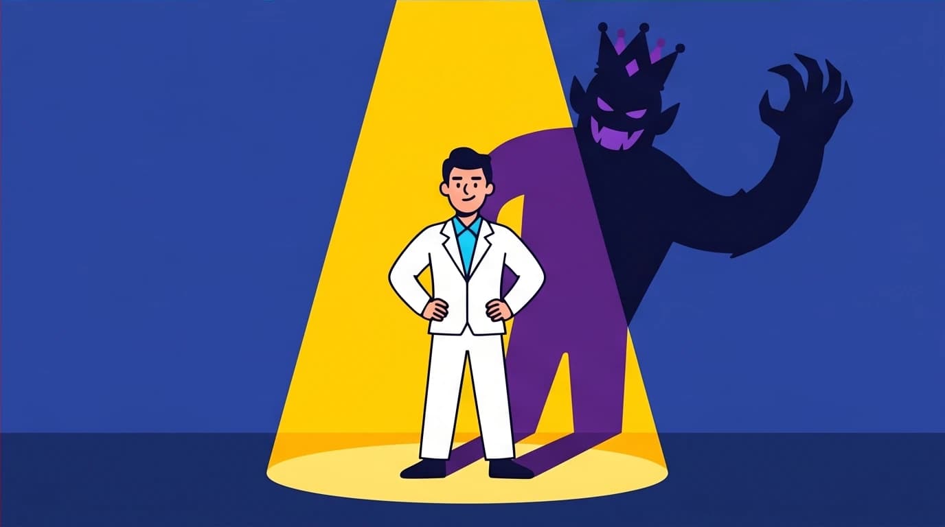 An illustration of a deep narcissist whose shadow is a giant monster, a visual metaphor for identifying toxic types based on Robert Greene's work.