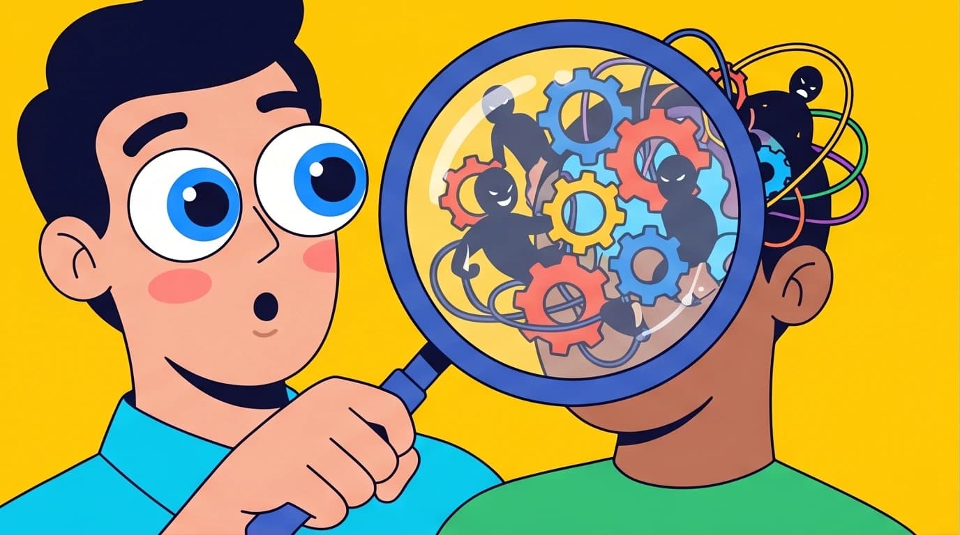 An illustration showing a person decoding hidden motives, representing Robert Greene's framework on how to read people and understand human nature.