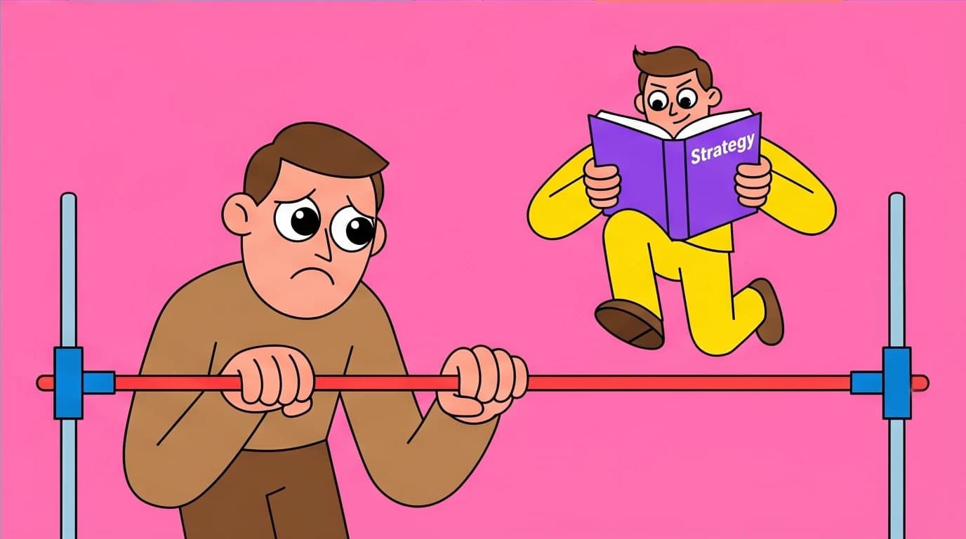 An illustration showing a person lowering a high-jump bar, a common pitfall to avoid when setting SMARTER goals, contrasted with a person studying new strategies.