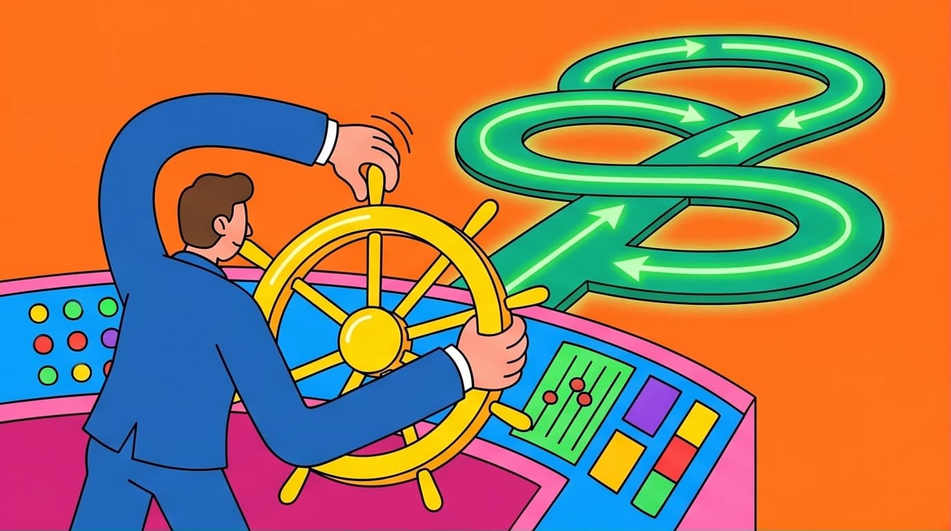 An illustration of a professional using a control panel to steer a winding path, representing the SMARTER goals framework for execution and continuous feedback.
