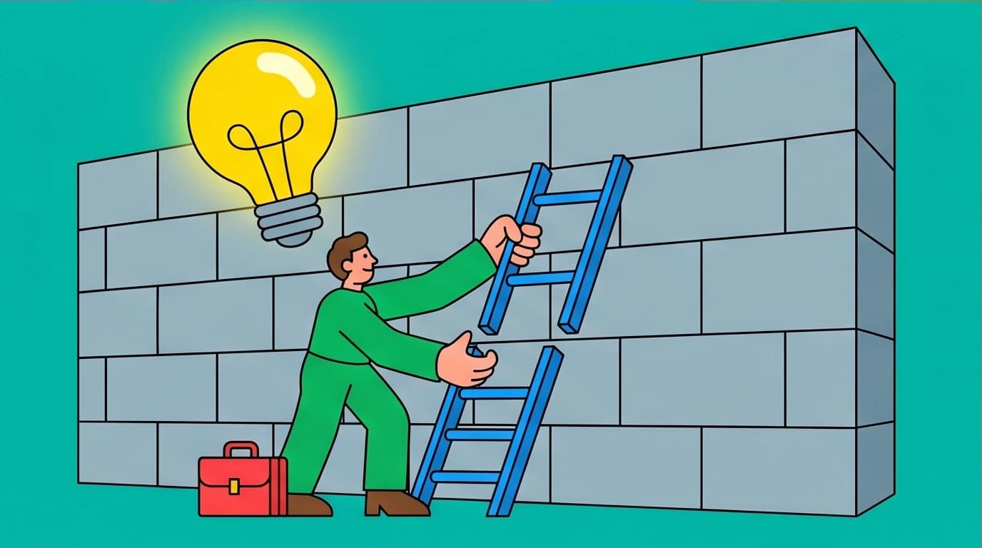 A character building a ladder to overcome a wall, symbolizing the 'Readjust' step in the SMARTER goal setting process where tactics are changed to overcome challenges.